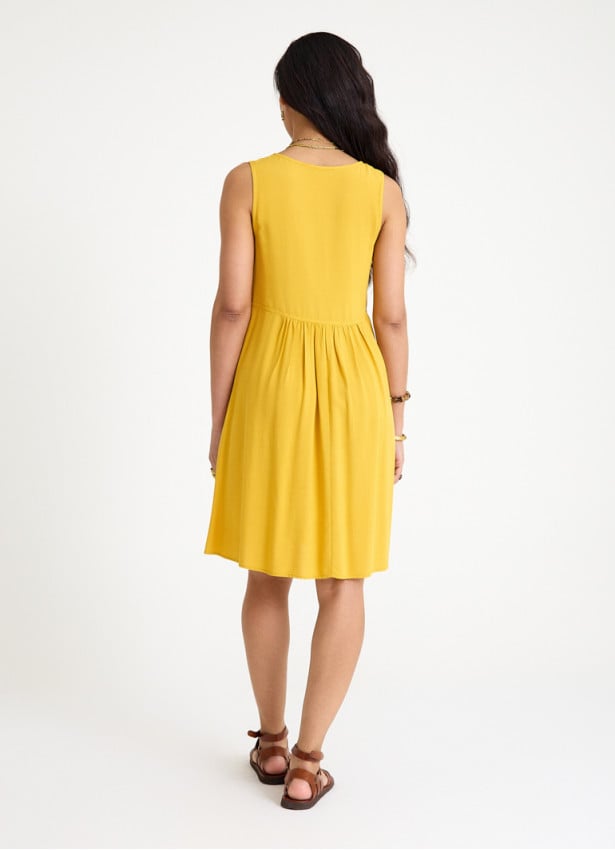 V Neck Button Detail Sleeveless Yellow Casual Dress 4578